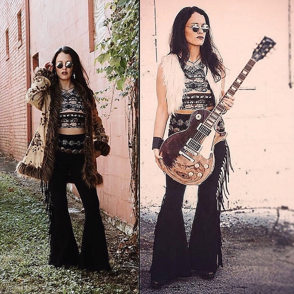 REGULAR LENGTH High Waisted Fringe Bell Bottoms in BLACK SOLID Rocker Festival - Picture 8 of 12